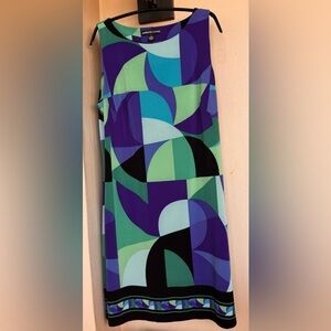 American Living Womens Sleeveless Jersey Dress Blues/Greens/Black Geo-Print 14